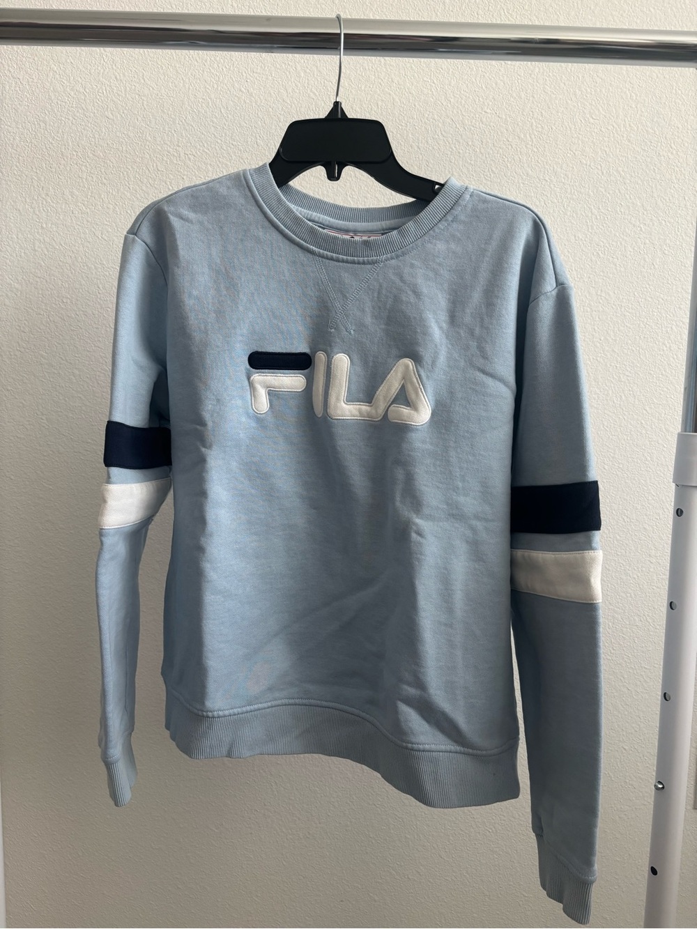 Fila Light Blue Crewneck Sweatshirt with Navy & White Sleeve Stripes, fit like M